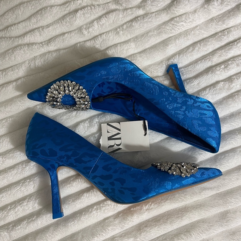 Zara Blue Animal Print Heels with Rhinestone Embellishment - Picture 2 of 14